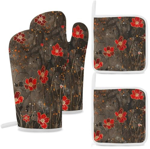 Ofenhandschuhe und Topflappen-Set, 4-teilig, hochhitzebeständig, Küchenhandschuhe und heiße Pads, hellbraun und silberfarben, Ofenhandschuhe, rutschfest, wasserdicht, Topflappen zum Backen, Kochen,