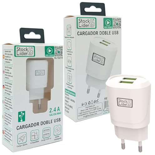 Stock Lider-Cargador USB, Cargador Doble, Ultra Rapido, 2.4A, 3.0 Cargador de Pared, Compatible, Samsung, iPhone, lPad, Huawei, Xia0mi, OPPO, Realme, LG, TCL, Vivo, iPad (Sin Cable)