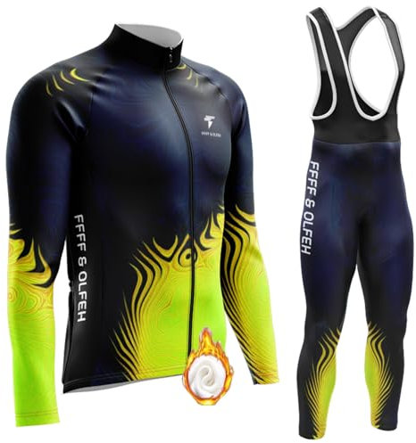 Herren Radtrikot Set Fahrradbekleidung Set, Langarm Fahrradtrikot Fleece Rennrad Trikot Herren Fahrradbekleidung Winddicht Atmungsaktiv mit 9D Sitzpolster (T2,4XL)