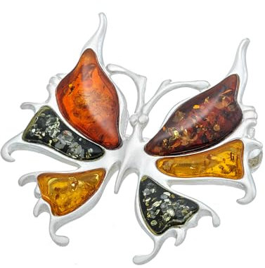 AMBEDORA Damen Schmetterling Fantasie Brosche, Poliertes Sterling Silber, Bunter Baltischer Bernstein