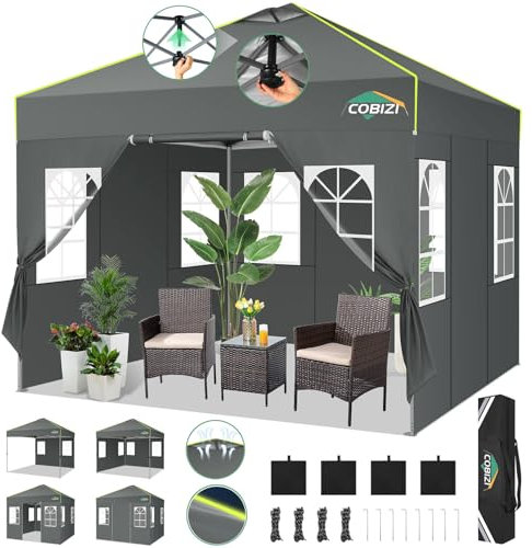 COBIZI Faltpavillon 3x3 Pop Up Pavillon Wasserdicht Stabil Winterfest Klappbar Partyzelt mit 4 Seitenwänden UV-Schutz Gartenpavillon mit Netzlüftungsöffnung & Reflexstreifen für Camping, Grau