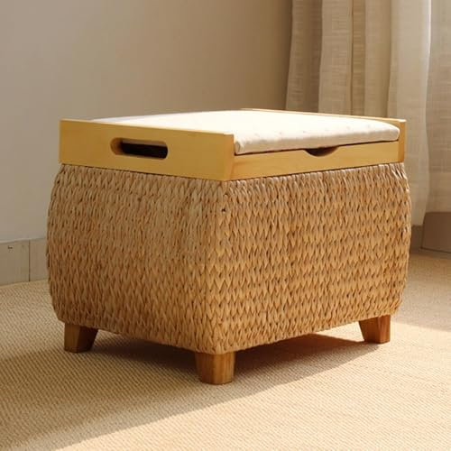 Ottomane aus Rattan, Fußstütze, moderner gepolsterter Hocker mit Deckel, Sitzbank, Chaiselie-Pouf, Ottomane für Wohnzimmer, Schlafzimmer, Beige, 53 x 36 x 43 cm