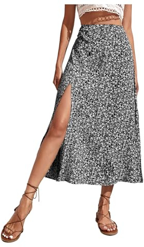 GORGLITTER Women's Boho Floral A Line Flared Skirt High Waisted Split Thigh Summer Beach Slit Boho Flowy Midi Skirts Black and White L