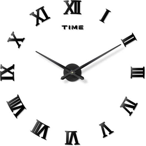 DaLianLian DIY Wall Clock Large Frameless 3D Clock Mirror Effect Classical Roman Numerals Wall Sticker Metal Hands Silent Quartz Movement Decor for Living Room, Bedroom, Office (Black)