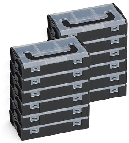 Set de 12 mini boîtes à outils Sortimo L-BOXX – Noir, couvercle transparent | Boîtes de tri compactes pour petites pièces | Empilables, résistantes aux aliments | Compatible avec le système Bosch