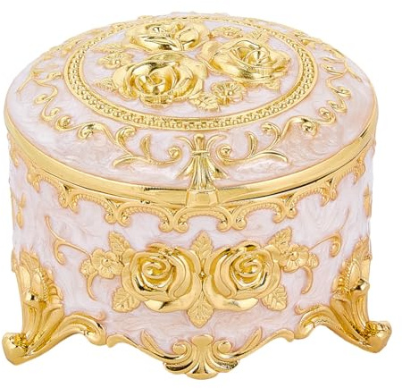 SOFPLATE Joyero Vintage de 3.2 x 3 x 2 pulgada Joyero Retro con Columna Redonda Dorada Aleación Grabada Rosa Flor Cofre Del Tesoro Esmaltado Caja de Metal para Guardar Anillos Pendientes Pequeñas Manu