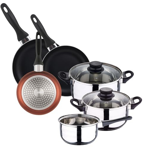 WELL HOME MOBILIARIO & DECORACIÓN Batería de cocina 5pc acero inoxidable + Set 3 sartenes 16/20/24 aluminio prensado, cobre metalizado