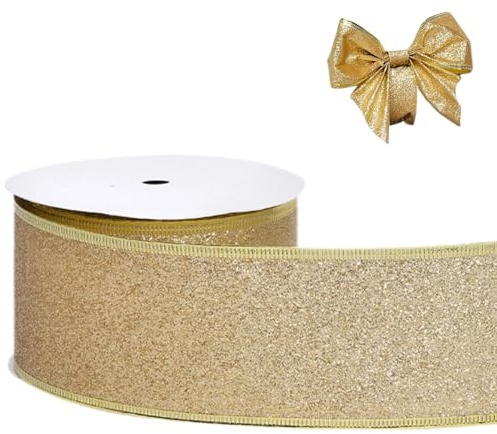 Oridaceae Schleifenband Gold mit Draht, Glitzer Geschenkband mit Drahtkante Hochzeit Weihnachten, Weihnachtsband 38mm Breit, 9 Meter Lang, Party Bänder Basteln Dekorieren Geschenkverpackung