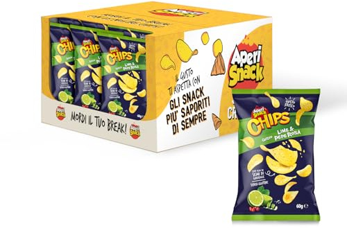 Aperisnack® - AP03.032.04 - Box 18pz - Chips di patate fritte, Lime e Pepe Rosa 60g x 18 pezzi, patatine fritte, ideali per aperitivi e merenda, feste fai da te