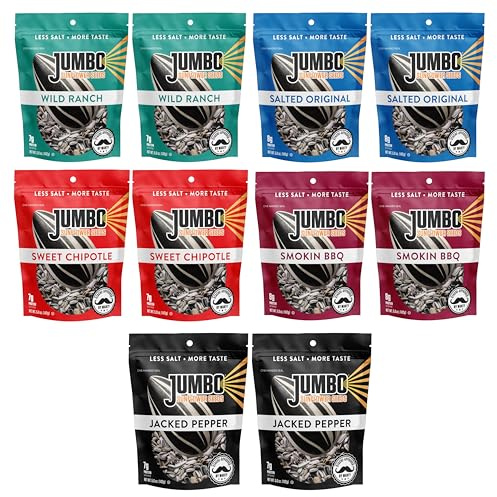 Jumbo Sunflower Seeds Sampler Pack - Original, Ranch, Pepper, BBQ, Chipotle (10 Bags)