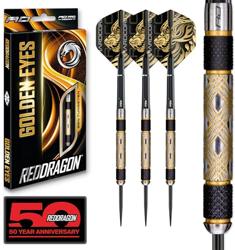 RED DRAGON Title Darts- Golden Eyes 22g, 24g, 26g, 28g, 30g, 32g - Profi Dartpfeile Metallspitze 85% Wolfram, Dart Pfeile Flüge und Schäften