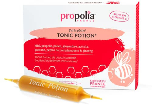 PROPOLIA - Tonic Potion - Complément alimentaire Tonus & Immunité - Boost d'énergie - Miel, Propolis, Pollen, Gingembre, Acérola, Guarana, Ginseng - Fabriqué en France - 10 Ampoules