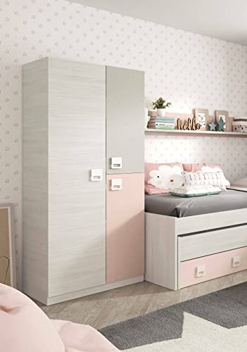 Dmora - Kleiderschrank 3 Türen Manchester, Kleiderschrank für Schlafzimmer, Schrank mit 3 Regalen und Kleiderstange, 90x52h200 cm, Grau und Rosa