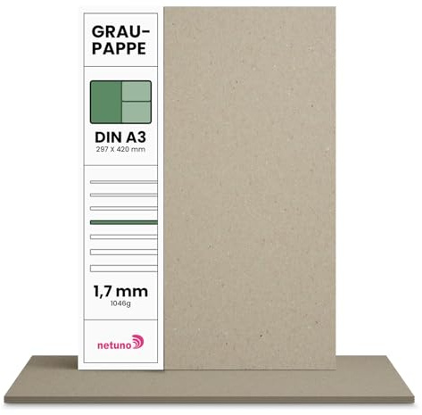 Netuno 20x Graupappe DIN A3 29,7 x 42 cm 1046g Graukarton 1,7 mm Buchbinderpappe für Bastelarbeiten Buchbinderarbeiten Kalendergestaltung graue Pappe Buchbinderkarton a3