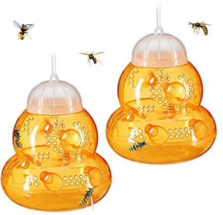 Relaxdays Wespenfalle 2er Set, Lebendfalle Wespen, ohne Lockstoff, zum Hinhängen & Hinstellen, Wespenfänger, orange