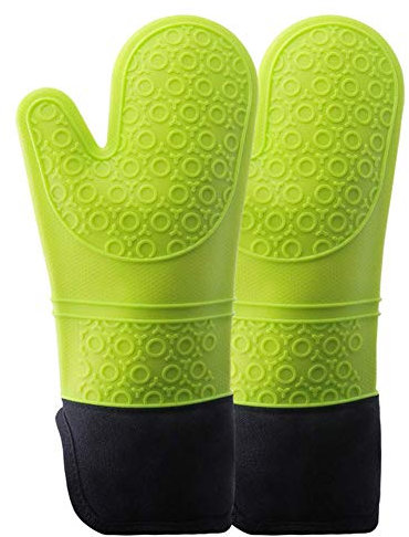 Herbests Ofenhandschuhe, 1 Paar Silikon Anti-Rutsch Topfhandschuhe Hitzebeständige Baumwolle Grillhandschuhe BBQ Handschuhe Kochhandschuhe Lange Backhandschuhe für Kochen Backen Mikrowelle,Grün