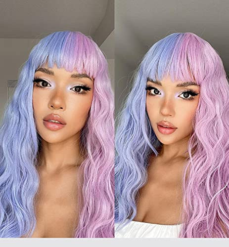 LEMEIZ bunte perücke lang, halloween blaue perücke lang, rosa perücke, Half Blue Half Pink Wigs for Cosplay, lockige perücke lang wellig mit pony, 24 Zoll, LEMEIZ-178