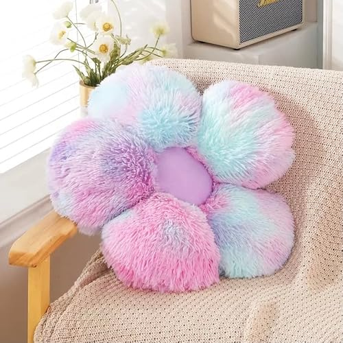 UGEYAO Faux Fur Pillow,Flower Shaped Throw Pillow Butt Cushion Flower Floor Pillow,Seating Cushion,Cute Room Decor & Plush Pillow for Bedroom Sofa Chair (19.7 Inches, Rainbow Purple)