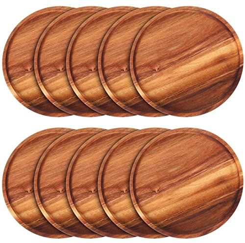 Rtteri 10 Pieces Acacia Round Wood Plates 12 x 0.6 Inch Dinner Plates Wooden Charger Platter Bulk Easy Cleaning Lightweight Serving Tray for Dishes Snack Dessert