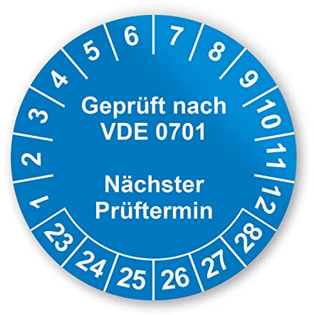 iSecur VDE Prüfplaketten blau Ø 3 cm DIN VDE 0701 - hin782 | Geprüft nach DIN VDE 0701-216, 216 blaue Aufkleber auf 9 DIN A5 Bögen, selbstklebende Etiketten, UV-wetterfest