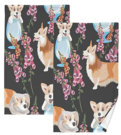 YOUJUNER 2 Stück Baumwolle Handtuch Set Niedlich Hund Corgi Druck Handtuch Gesicht Handtücher Badetücher Waschlappen Fingerspitze Dekorative Handtücher