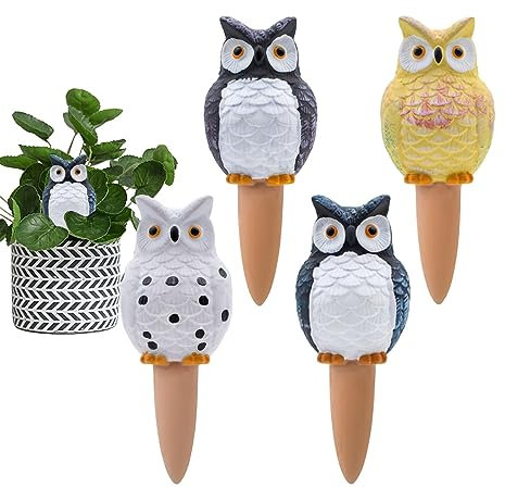 Dexspoeny Selbstbewässernder Pflanzeinsatz, selbstbewässernde Spikes, Eulen, 4 Stück, Pflanzenbewässerungsgeräte, Terrakotta, automatische Pflanzenbewässerung, 2-in-1-Pflanzenbewässerung für den