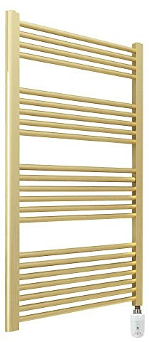 600mm (w) x 1200mm (h) Brushed Brass Straight Towel Rail, Electric Bathroom Ladder Rail - 600w Thermostatic Prefilled