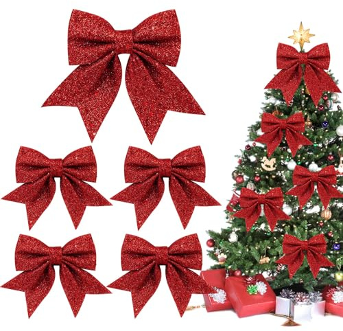 Shining She 1+4 Stück Rote Schleifen Weihnachten Weihnachtsbaum Schleifen Glitzer Weihnachtsbaumschmuck für Familienfeiern Party Dekoration für Weihnachten Urlaub Hochzeit Feierlichkeiten （2Size）