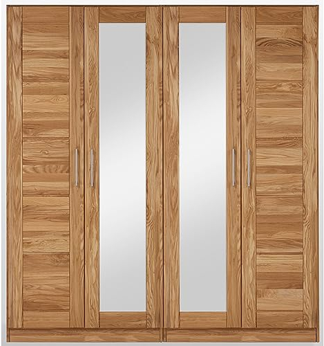 Lomadox 4-türiger Schlafzimmer Massivholz Kleiderschrank Drehtürenschrank Schlafzimmerschrank Schrank mit Spiegel in Wildeiche massiv, B/H/T: ca. 191/207/60 cm