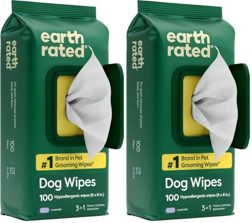 Earth Rated Lingettes hypoallergéniques pour Chiens, nettoyantes et Anti-odeurs, pour Pattes, Corps et arrière-Train, parfaites pour Chiots et Chiens Adultes, Parfum Lavande, 100 lingettes (Lot de 2)