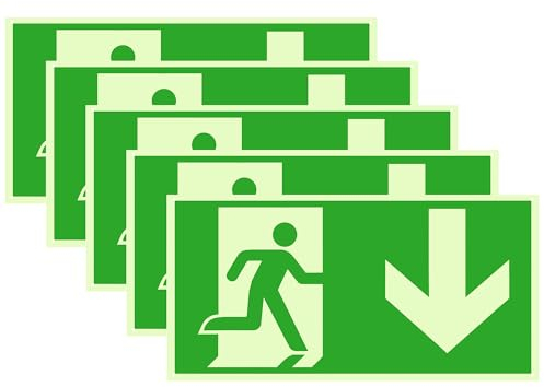 LAIWOO 5 Stück Schild Notausgang, Extra Langnachleuchtend, Aluverbund Warnhinweis 300x150mm Notausgangsschild Pfeil Nach Unten Fluchtwegschild Rettungsweg (Nach unten)