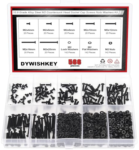 DYWISHKEY 566 Pieces M2 Black Screws, 10.9 Grade Alloy Steel M2x 4/6 /8/10 /12/16 /20mm Countersunk Head Socket Cap Screws Bolts Nuts Washers Assortment Kit