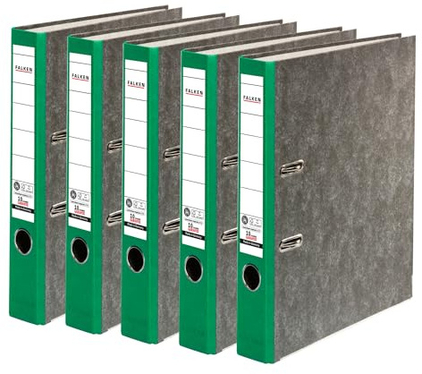 FALKEN 5x Recycling-Ordner 5 cm schmal DIN A4 grüner Rücken | Made in Germany Papierbezug im Wolkenmarmor-Design Blauer Engel