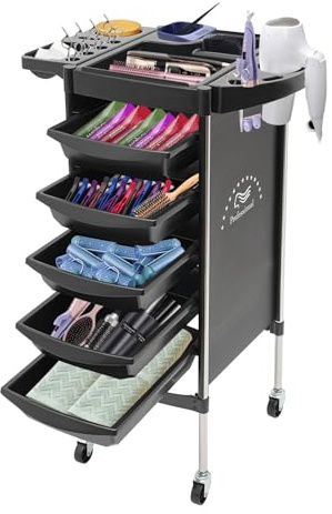 MINRS Carro de peluquería con ruedas, carrito de trabajo con 5 cajones extraíbles y soporte para secadora, para estilista, peluquería, peluquería, spa (negro)