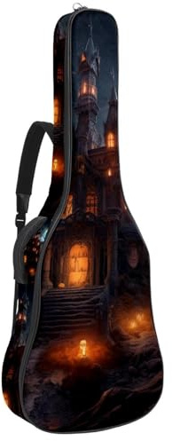 Gitarrentasche für Akustikgitarre mit zwei Taschen, Halloween-Schloss-Dekoration, 8 wasserabweisend, doppelt verstellbarer Schultergurt, Gitarrentasche, Halloween-Schlossdekoration, 42.9x16.9x4.7 in,