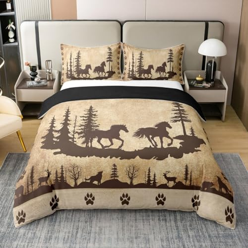 Homewish Coton Cheval 240 x 260 Literie Set,Cowboy de L'Ouest Housse de Couette Garçon Fille,Ferme Rustique Linge de Lit,Ours Cerf Wildlife Parure de Lit,Native Woodland Cottage Decor Couvre Lit