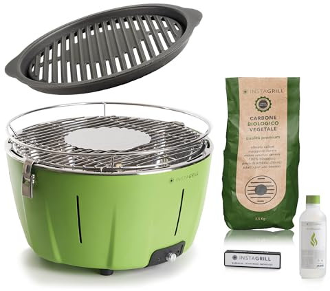 InstaGrill | Barbecue da Tavolo o Balcone a carbonella con Griglia in Ghisa. Barbecue Portatile, da Campeggio con Batteria Ricaricabile, Carbone e Gel per accensione. ADVANCED Verde Avocado