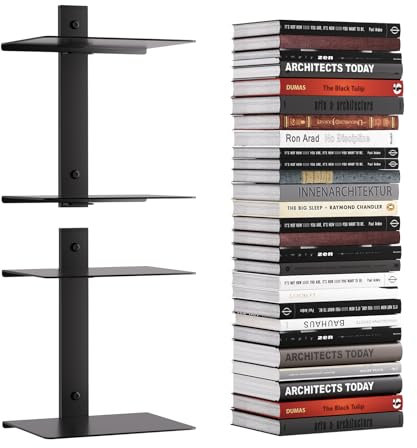 TJ.MOREE Confezione da 2 librerie galleggianti invisibili da parete, librerie galleggianti, da parete, 4 ripiani, colonna vertebrale verticale, montaggio a parete, organizer per libri in metallo