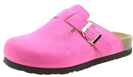 Heavenly Feet Comfort Clogs, Faux Suede Mule Slippers with Buckle Detail, Multi-Colour (Fuchsia, UK Footwear Size System, Adult, Women, Numeric, Medium, 4)