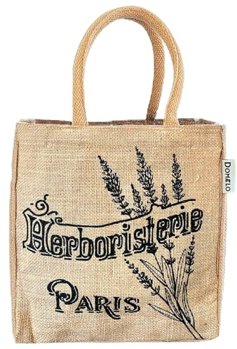 Domelo Jute Handtasche kleine Tote Bag vegane Einkaufskorb Naturfarbe Geschenktasche mini Tragetasche Jutetasche Korb mit Aufdruck Damen Tasche nachhaltige Shopper Jutebeutel