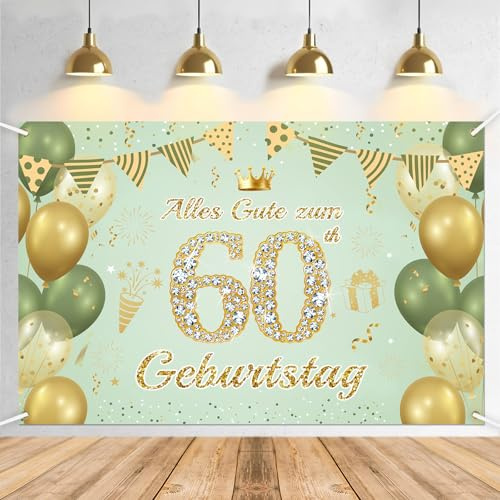 60. Geburtstag Banner Mann Frau Deko,Große Größe Grünes Gold 60 Geburtstag Party Deko Für Frau und mann 210 * 150 cm
