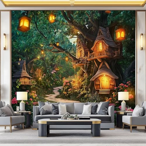 Fototapete Fantasy Wald Baumhaus Modern Wohnzimmer Schlafzimmer Vliestapete UV-Beständig Montagefertig 200 x 140 cm 3d Effekt Wand Dekoration Grün Braun