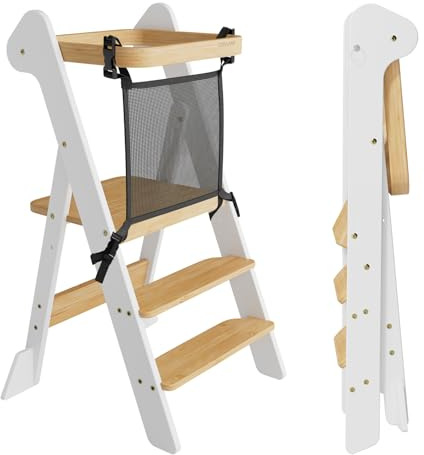 COSYLAND Torre de Aprendizaje Plegable Desde 1 Año – Premio iF Design, Torre Montessori con Red de Seguridad y Altura Ajustable, Ideal para Cocina y Baño, Foldi (Blanco y Natural)