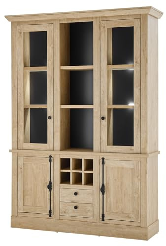 Lomadox Esszimmer Buffetschrank Vitrinenschrank 147 cm breit, Eiche mit schwarz, mit 2 Glastüren, 2 Holztüren, 3 offenen Fächern, 2 Schubladen und 6 Flaschenfächern, Landhausstil