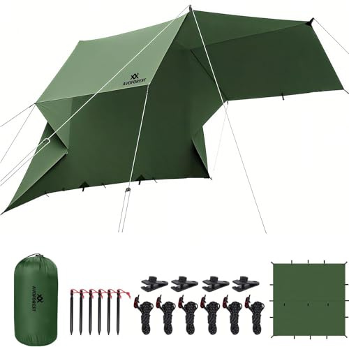 AVOFOREST Tarp 3 x 3 impermeabile, telo da campeggio, ultraleggero, con 19 occhielli + perni in alluminio, corde in nylon, clip per tende, anti UV, neve e pioggia, per attività all'aperto, campeggio