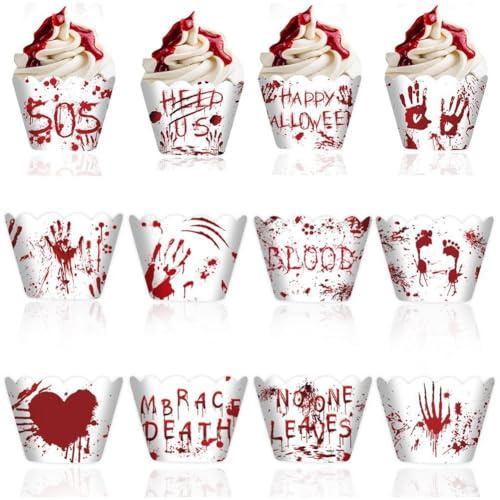 Brxmpn 12 Pirottini per Cupcake di Halloween con Impronte di Insanguinate, Pirottini di Carta per Cupcake, Pirottini per Muffin per Decorazioni di Dolci E Torte per Feste di Halloween
