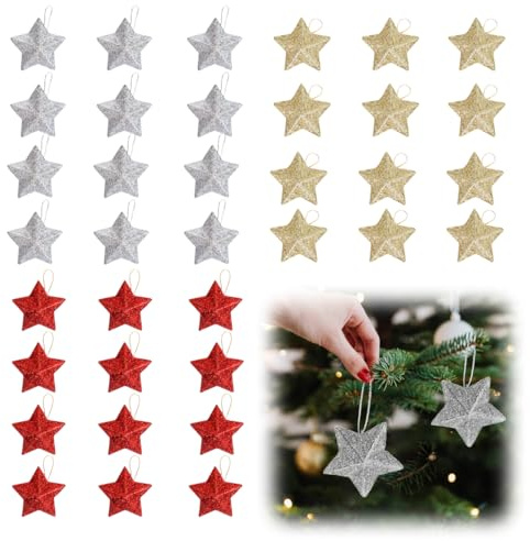 KEQAR Stella Natale Albero,36pcs Stelle Pendenti Natale,Decorazioni Stelle Pendenti,Addobbi per l'Albero di Natale,Adatte per Natale Appese ad Alberi di Natale,Caminetti,Finestre(Argento)