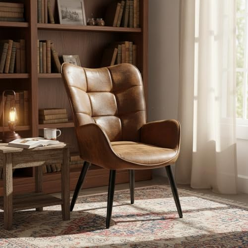 MEUBLE COSY Sedia da Lettura Scandinava in Pelle Scamosciata Morbido, Poltroncina da Salotto con Braccioli, Marrone