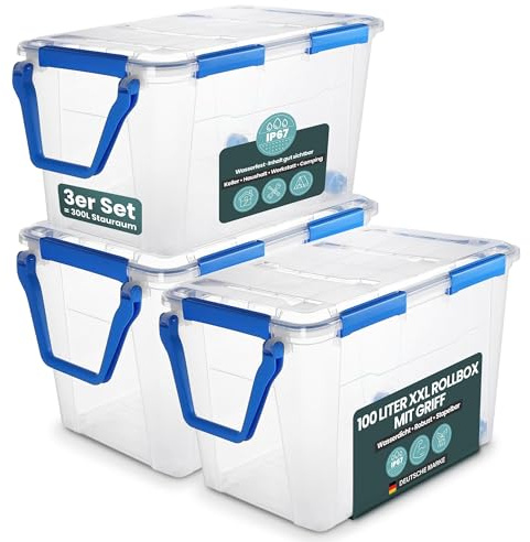 Kreher® Aufbewahrungsbox 100 Liter mit Deckel – wasserdicht & staubdicht, transparent & stapelbar, BPA- & schadstofffrei, robuste Kunststoffbox mit Silikondichtung & 6 Clips (3, 100 Liter)