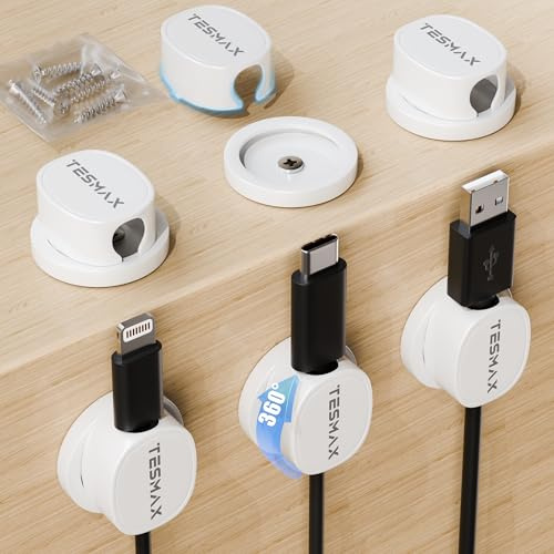 Tesmax 6 Stück Kabelhalter Selbstklebende 360°Drehbar Abnehmbar Weiß | 10mm Großer Kabelhalter-Durchmesser Abnehmbares Design Stärkere Klebstärke für Schreibtisch,Ladekabel,HDMI,USB,Aux kabel